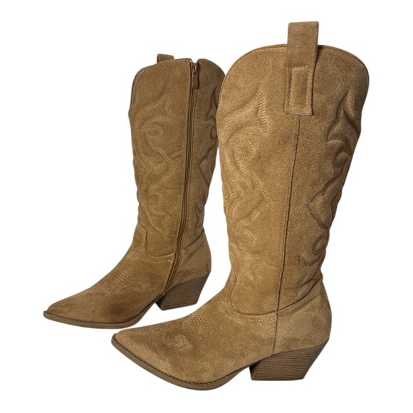 TOP Moda Shoes - Top Moda Womens Sz 8 Cowboy Western Boots Pointy Toe Knee High Zipper Tan ELK-1